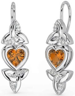 Diamond Citrine White Gold Celtic Trinity Knot Heart Dangle Earrings