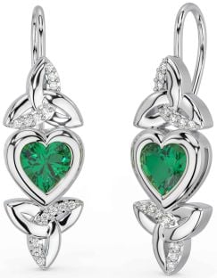 Diamond Emerald White Gold Celtic Trinity Knot Heart Dangle Earrings