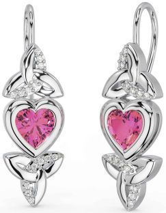 Diamond Pink Tourmaline White Gold Celtic Trinity Knot Heart Dangle Earrings