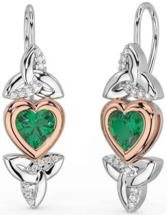 Diamond Emerald White Rose Gold Celtic Trinity Knot Heart Dangle Earrings