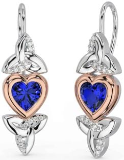 Diamond Sapphire White Rose Gold Celtic Trinity Knot Heart Dangle Earrings