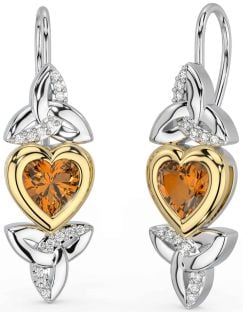 Diamond Citrine White Yellow Gold Celtic Trinity Knot Heart Dangle Earrings