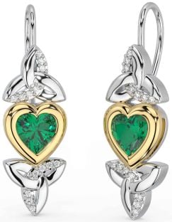 Diamond Emerald White Yellow Gold Celtic Trinity Knot Heart Dangle Earrings