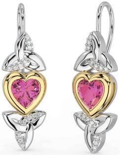 Turmalina roz diamant Trinity Celtic Aur Alb Galben Cercei Knot Heart Dangle