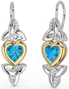 Diamond Topaz White Yellow Gold Celtic Trinity Knot Heart Dangle Earrings