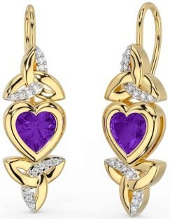 Diamond Amethyst Gold Celtic Trinity Knot Heart Dangle Earrings