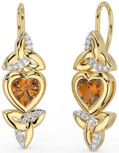 Diamond Citrine Gold Celtic Trinity Knot Heart Dangle Earrings