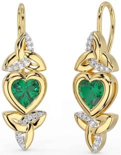 Diamond Emerald Gold Celtic Trinity Knot Heart Dangle Earrings