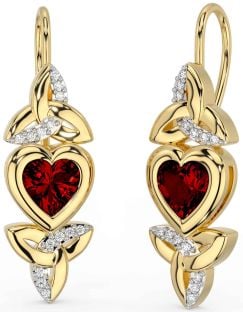 Diamond Garnet Gold Celtic Trinity Knot Heart Dangle Earrings