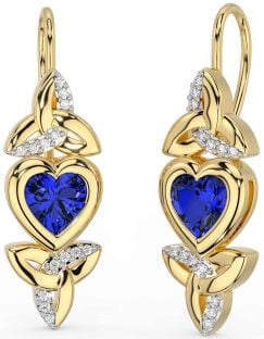 Diamond Sapphire Gold Celtic Trinity Knot Heart Dangle Earrings