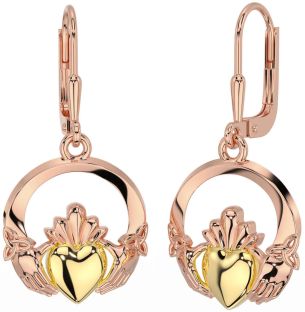 Rose Yellow Gold & Silver Claddagh Celtic Trinity Knot Dangle Earrings