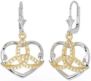 Diamond Gold Silver Celtic Trinity Knot Heart Dangle Earrings