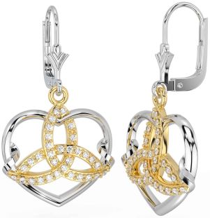 Diamond Gold Silver Celtic Trinity Knot Heart Dangle Earrings