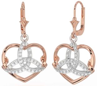 Diamond Rose Gold Silver Celtic Trinity Knot Heart Dangle Earrings