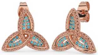 Aquamarine Rose Gold Silver Celtic Trinity Knot Stud Earrings