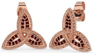 Garnet Rose Gold Silver Celtic Trinity Knot Stud Earrings