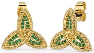 Emerald Gold Silver Celtic Trinity Knot Stud Earrings