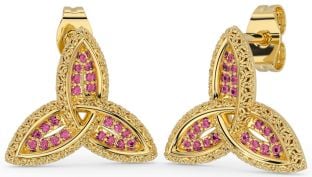 Pink Tourmaline Gold Silver Celtic Trinity Knot Stud Earrings