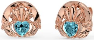 Aquamarine Rose Gold Silver Celtic Claddagh Trinity Knot Stud Earrings