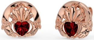 Garnet Rose Gold Silver Celtic Claddagh Trinity Knot Stud Earrings