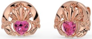 Pink Tourmaline Rose Gold Silver Celtic Claddagh Trinity Knot Stud Earrings