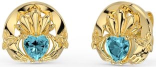 Aquamarine Gold Silver Celtic Claddagh Trinity Knot Stud Earrings