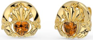 Citrine Gold Silver Celtic Claddagh Trinity Knot Stud Earrings