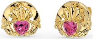 Pink Tourmaline Gold Silver Celtic Claddagh Trinity Knot Stud Earrings