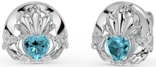 Aquamarine Silver Celtic Claddagh Trinity Knot Stud Earrings