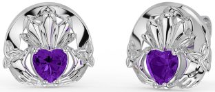 Améthyste Blanc Or celtique Claddagh Trinité Noeud Goujon Des boucles d'oreilles