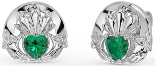 Emerald White Gold Celtic Claddagh Trinity Knot Stud Earrings