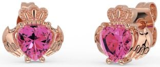 Pink Tourmaline Rose Gold Silver Claddagh Stud Earrings