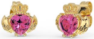 Pink Tourmaline Gold Silver Claddagh Stud Earrings