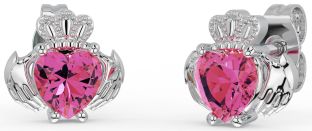 Pink Tourmaline White Gold Claddagh Stud Earrings