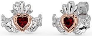 Garnet Rose Gold Silver Celtic Claddagh Trinity Knot Stud Earrings