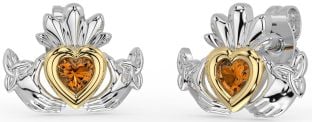 Citrine Gold Silver Celtic Claddagh Trinity Knot Stud Earrings