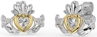 Diamond Gold Silver Celtic Claddagh Trinity Knot Stud Earrings