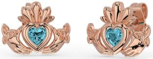 Aquamarine Rose Gold Silver Celtic Claddagh Trinity Knot Stud Earrings