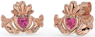 Pink Tourmaline Rose Gold Silver Celtic Claddagh Trinity Knot Stud Earrings