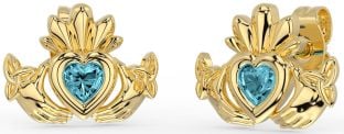 Aquamarine Gold Silver Celtic Claddagh Trinity Knot Stud Earrings