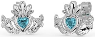 Aquamarine Silver Celtic Claddagh Trinity Knot Stud Earrings