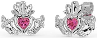 Pink Tourmaline Silver Celtic Claddagh Trinity Knot Stud Earrings