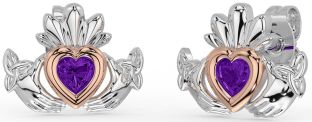 Amethyst Rose Gold Silver Celtic Claddagh Trinity Knot Stud Earrings