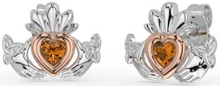 Citrine Rose Gold Silver Celtic Claddagh Trinity Knot Stud Earrings