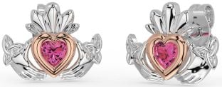 Pink Tourmaline Rose Gold Silver Celtic Claddagh Trinity Knot Stud Earrings