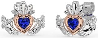 Sapphire Rose Gold Silver Celtic Claddagh Trinity Knot Stud Earrings