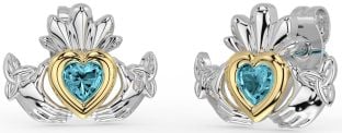 Aquamarin Gold Silber keltisch Claddagh Dreieinigkeit Knoten Zucht Ohrringe