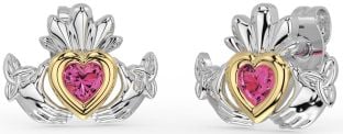 Aur Turmalina Roz Nod Celtic Claddagh Trinity de argint Cercei Stud