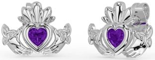 Amethyst White Gold Celtic Claddagh Trinity Knot Stud Earrings