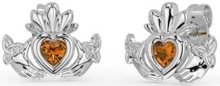 Citrine White Gold Celtic Claddagh Trinity Knot Stud Earrings